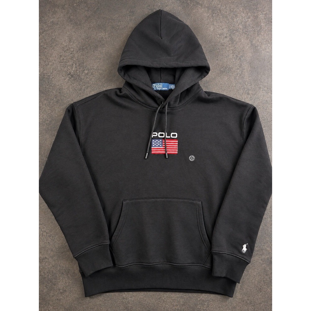 Polo Ralph Lauren Flag Fleece Hoodie Mens M Black USA American Flag Embroidered